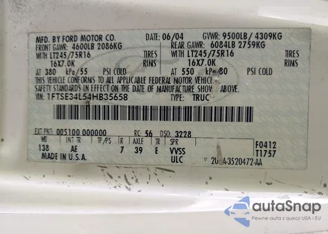 2004 Ford E-350 Super Duty Commercial/Recreational z USA, uszkodzony, nr VIN 1FTSE34L54HB35658